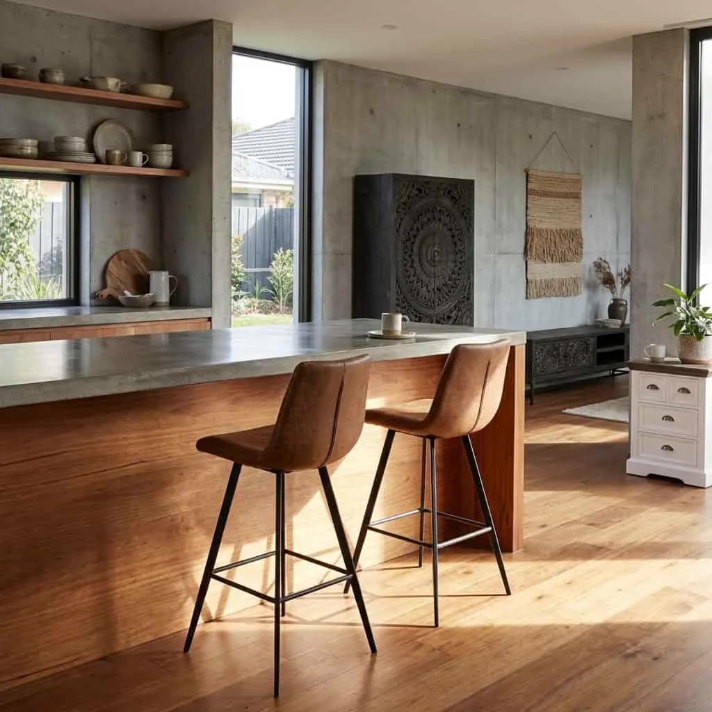 Twee Pamplona Barstoelen - fabric Cognac aan een kookeiland in een moderne keuken met houten vloer - Tower Living