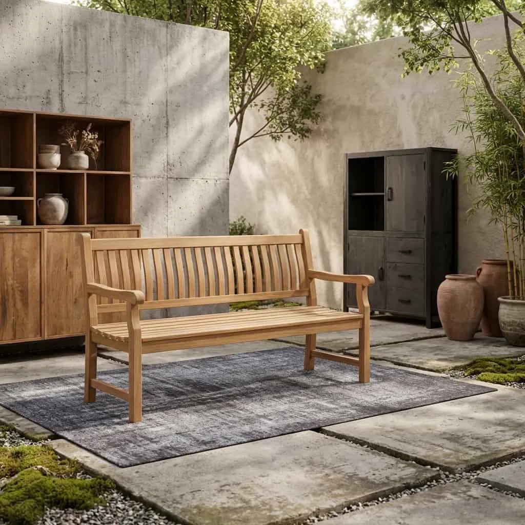Gartenbank Patrick 5 cm 150 cm in einer stimmungsvollen Außenumgebung mit Pflanzen und anderen Möbeln - Livingfurn
