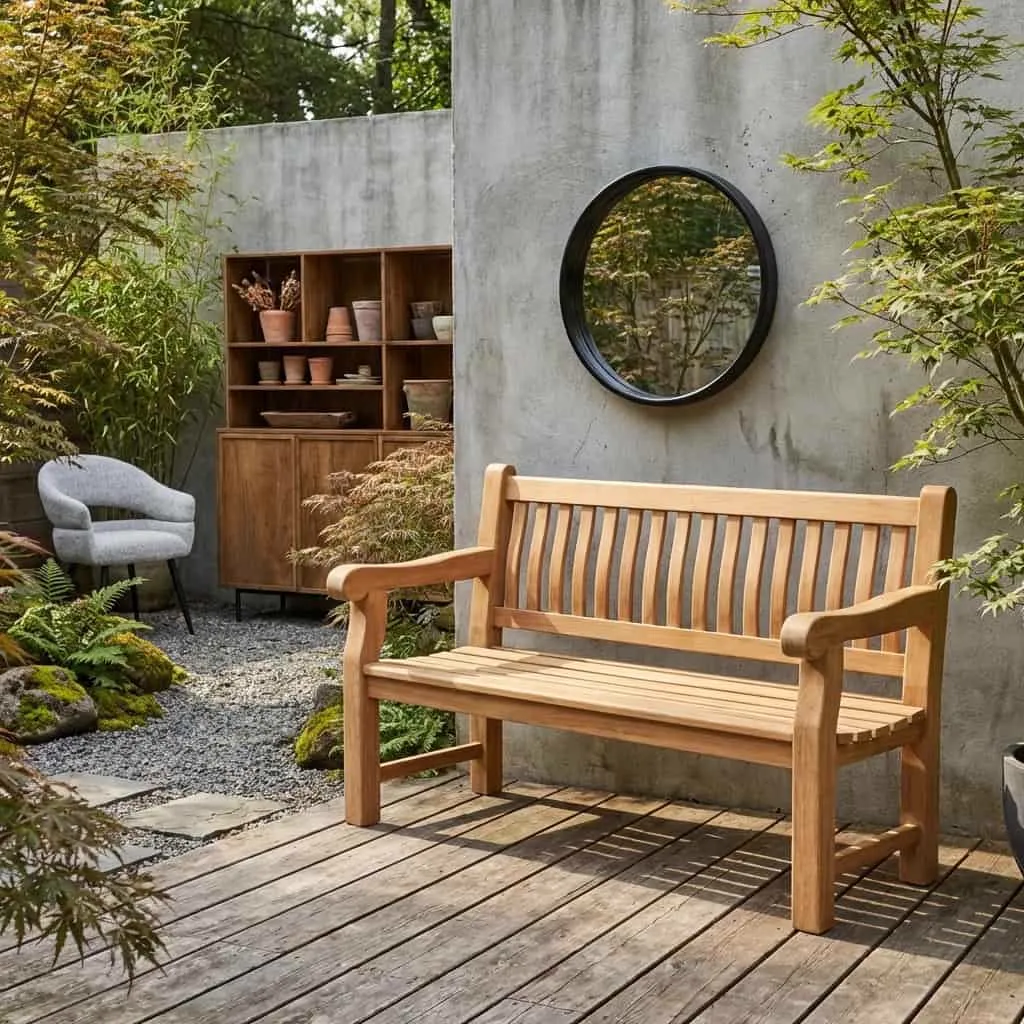 Gartenbank Patrick Fat 166 cm in einem grünen Garten mit grauer Wand und Spiegel - Livingfurn