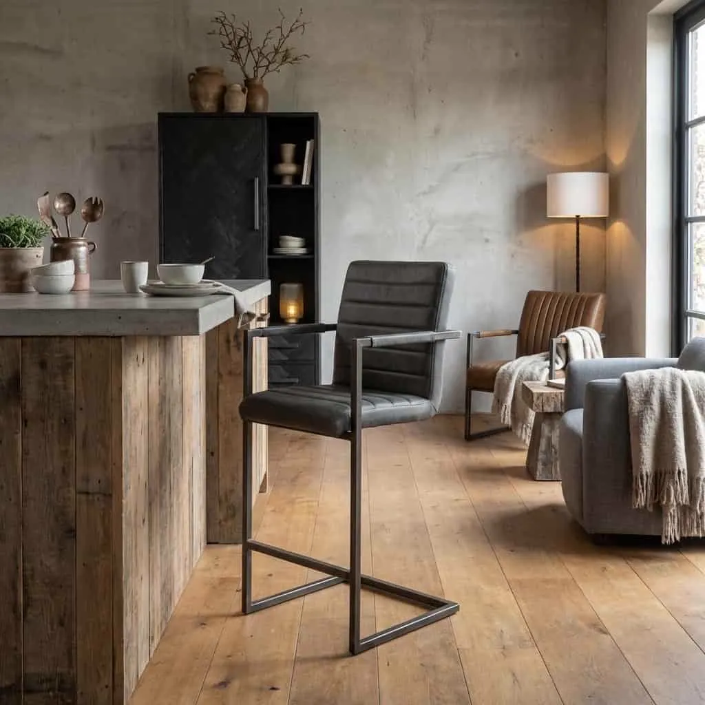De Rocca Barstoel - Bull anthracite staat in een sfeervolle woonkeuken met houten bar en betonnen muur - Tower Living