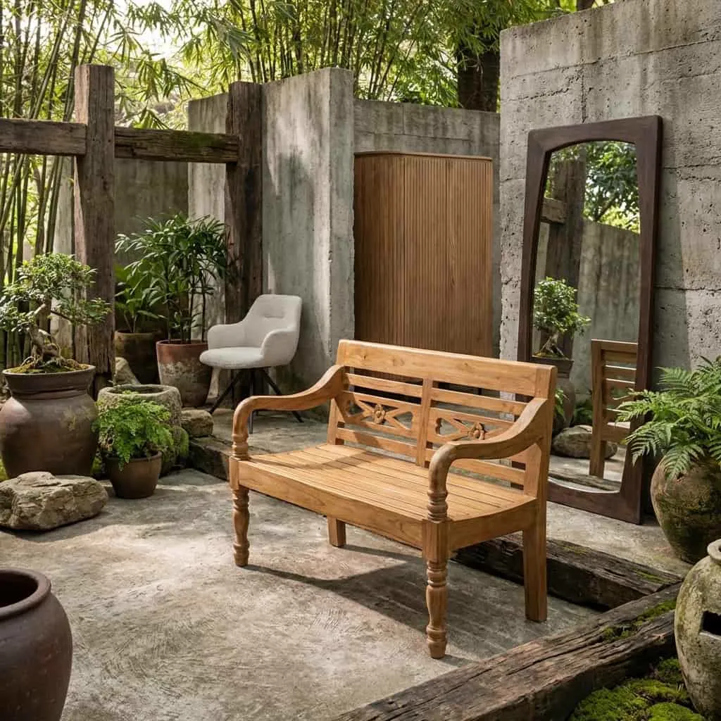 Gartenbank Station Kasar 120 cm in einem üppigen Außenbereich mit Pflanzen, einem Spiegel und Holzelementen - Livingfurn