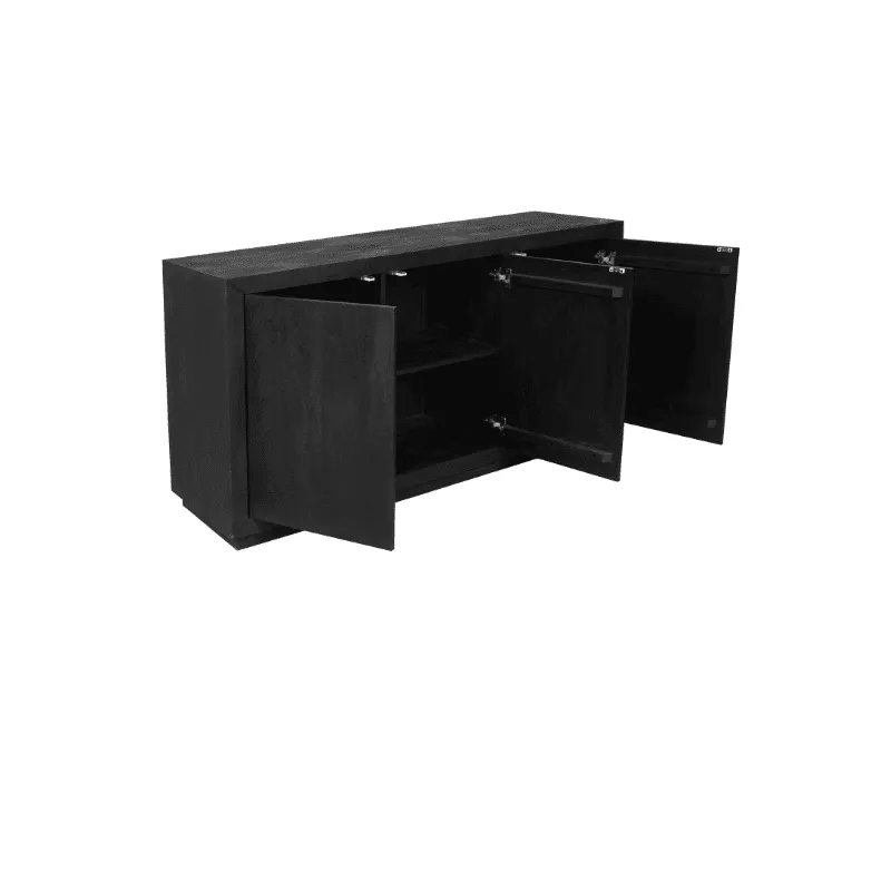 Sideboard Brüssel Schwarz Mangoholz 150 cm mit offenen Türen auf weißem Hintergrund, aus schräger Perspektive - Starfurn
