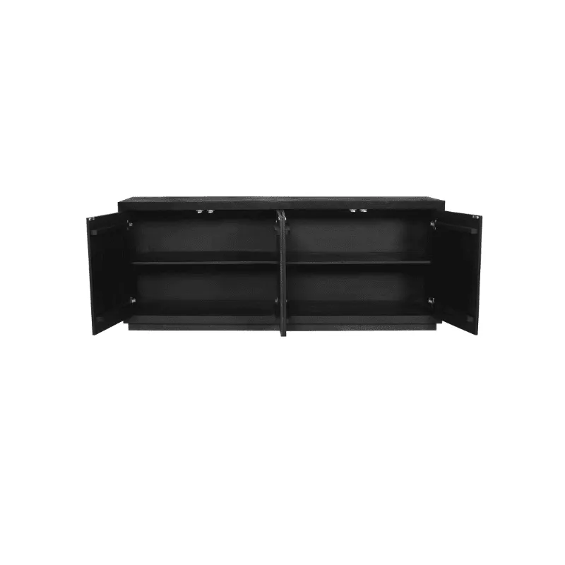Sideboard Brüssel Schwarz Mangoholz 200 cm mit allen vier Türen geöffnet auf weißem Hintergrund - Starfurn