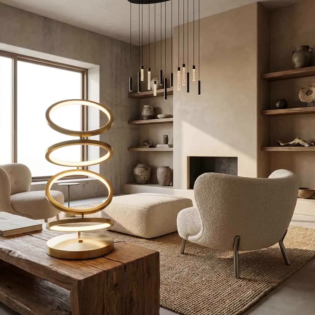 Tafellamp Jaimin brushed gold in een sfeervolle woonkamer met fauteuils en een salontafel - Richmond Interiors