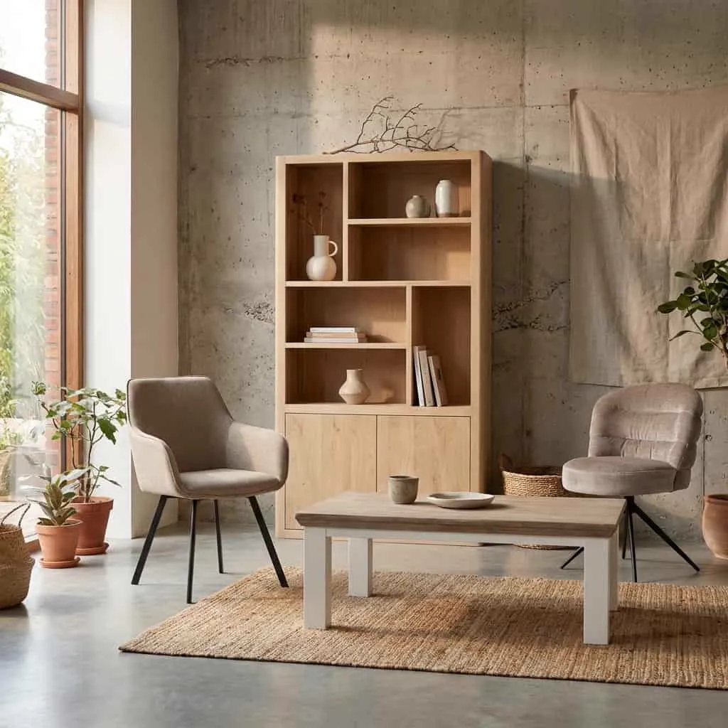 Das Tenna Bücherregal Natur 120 cm steht in einem Wohnzimmer mit Betonwänden und einem Fenster - Tower Living