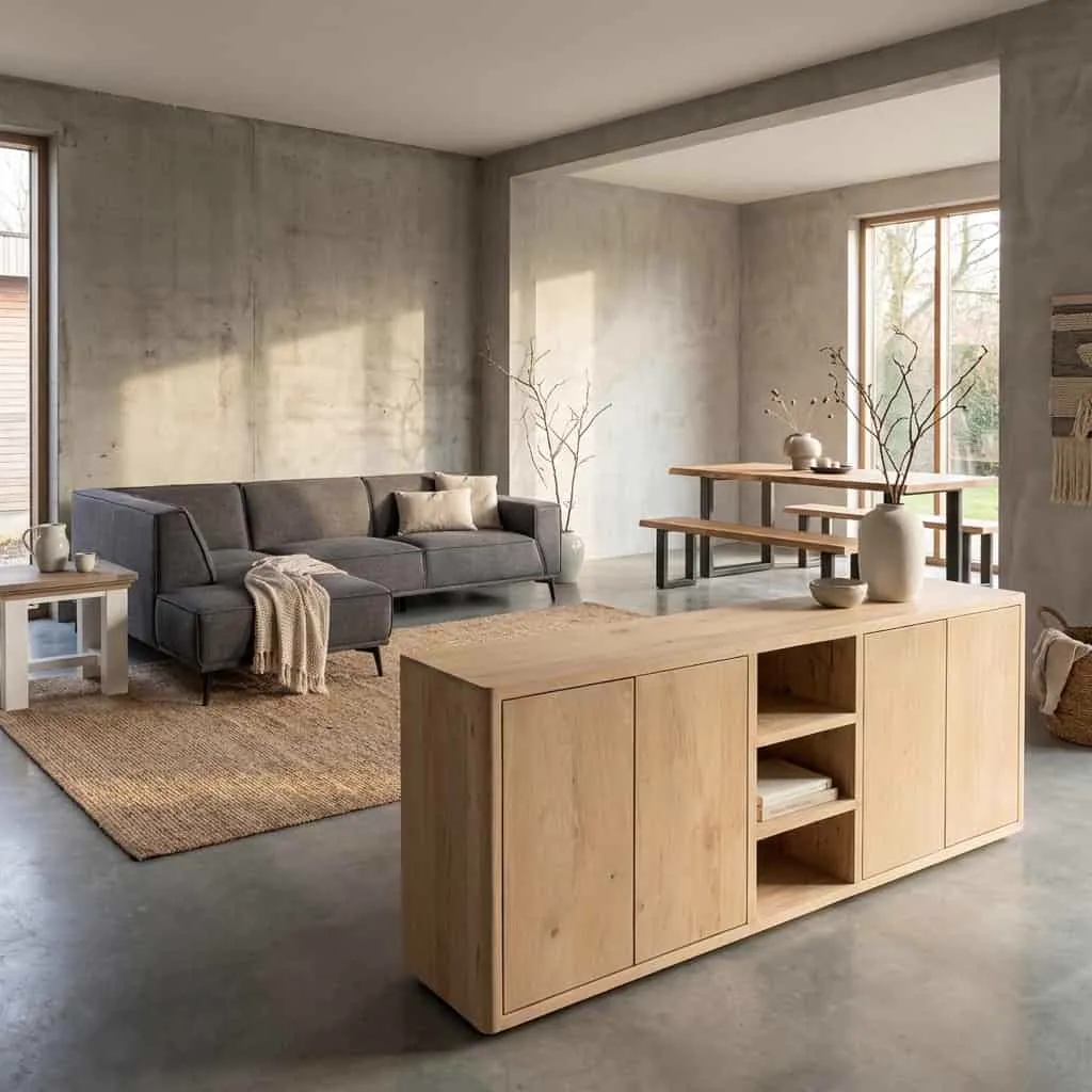 Das Tenna Sideboard Natur 220 cm in einem modernen Wohnzimmer mit grauem Sofa und Esstisch aus Holz - Tower Living