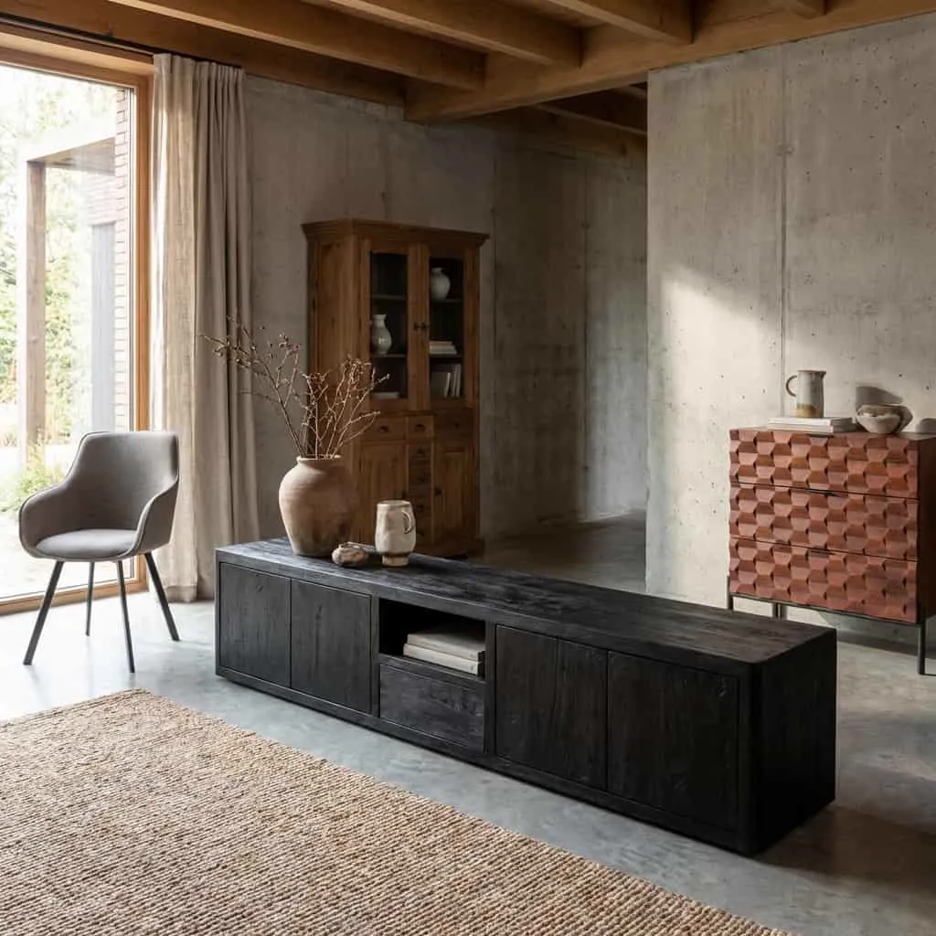 Das Tenna TV-Möbel 200 cm in einem stimmungsvollen Wohnzimmer mit Holzschrank und Teppich - Tower Living