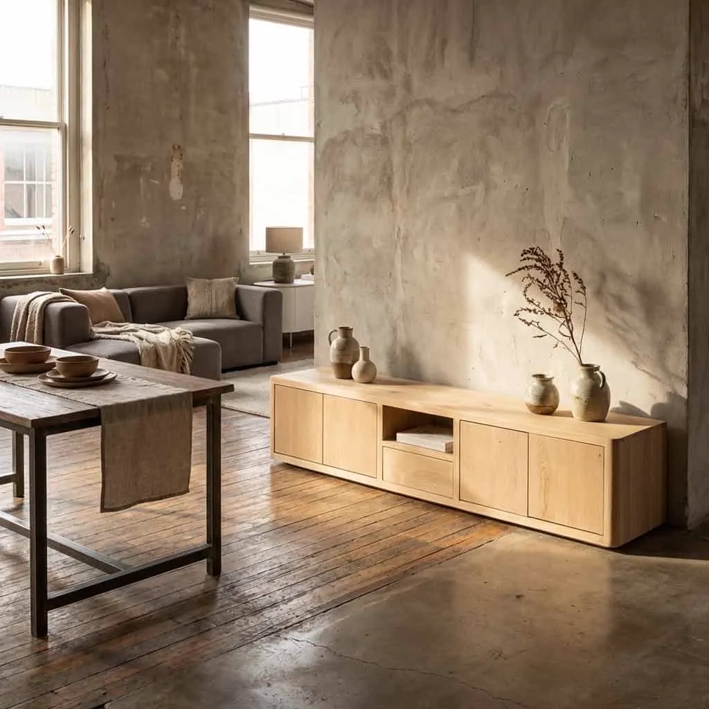 Tenna TV-Möbel naturel 200 cm in einem stimmungsvollen Wohnzimmer mit Sofa, Tisch und Dekoration - Tower Living