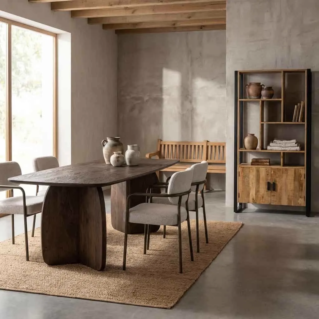 Esstisch Trevor 220cm in einem modernen Interieur mit Stühlen und einem Teppich, aus einer weiten Perspektive - Livingfurn