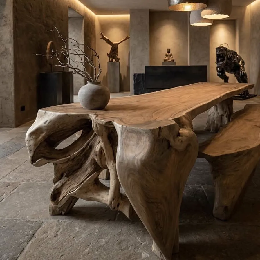 Baumstammtisch Unica aus Suarholz in einem stimmungsvollen, warmen Raum mit Kunstwerken - World of Brosi