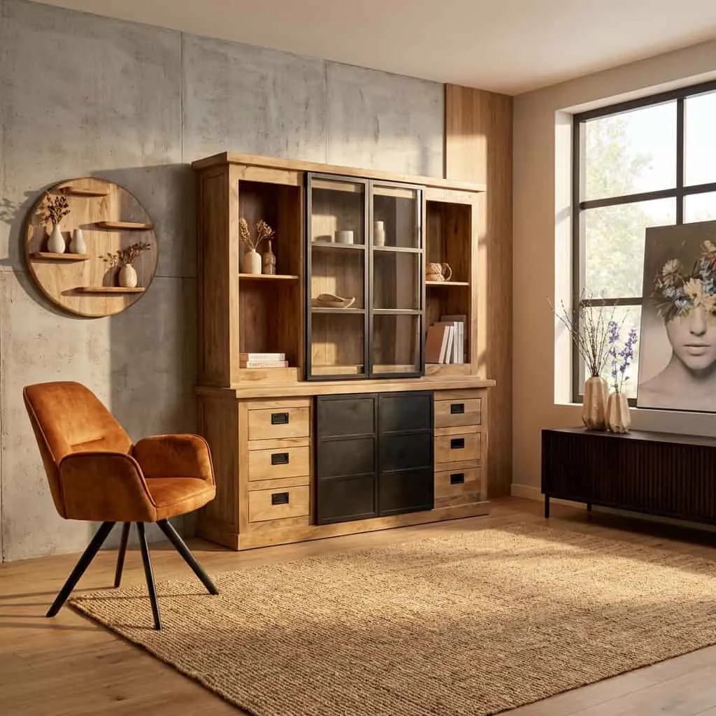 Vitrinekast Noa Naturel Mangoholz 200 cm in einem stimmungsvollen Wohnzimmer mit einem orangefarbenen Stuhl - Starfurn