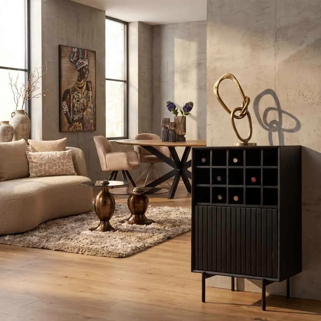 Wijnkast Madison Black in een modern interieur met een bank, salontafels en een eettafel - Starfurn