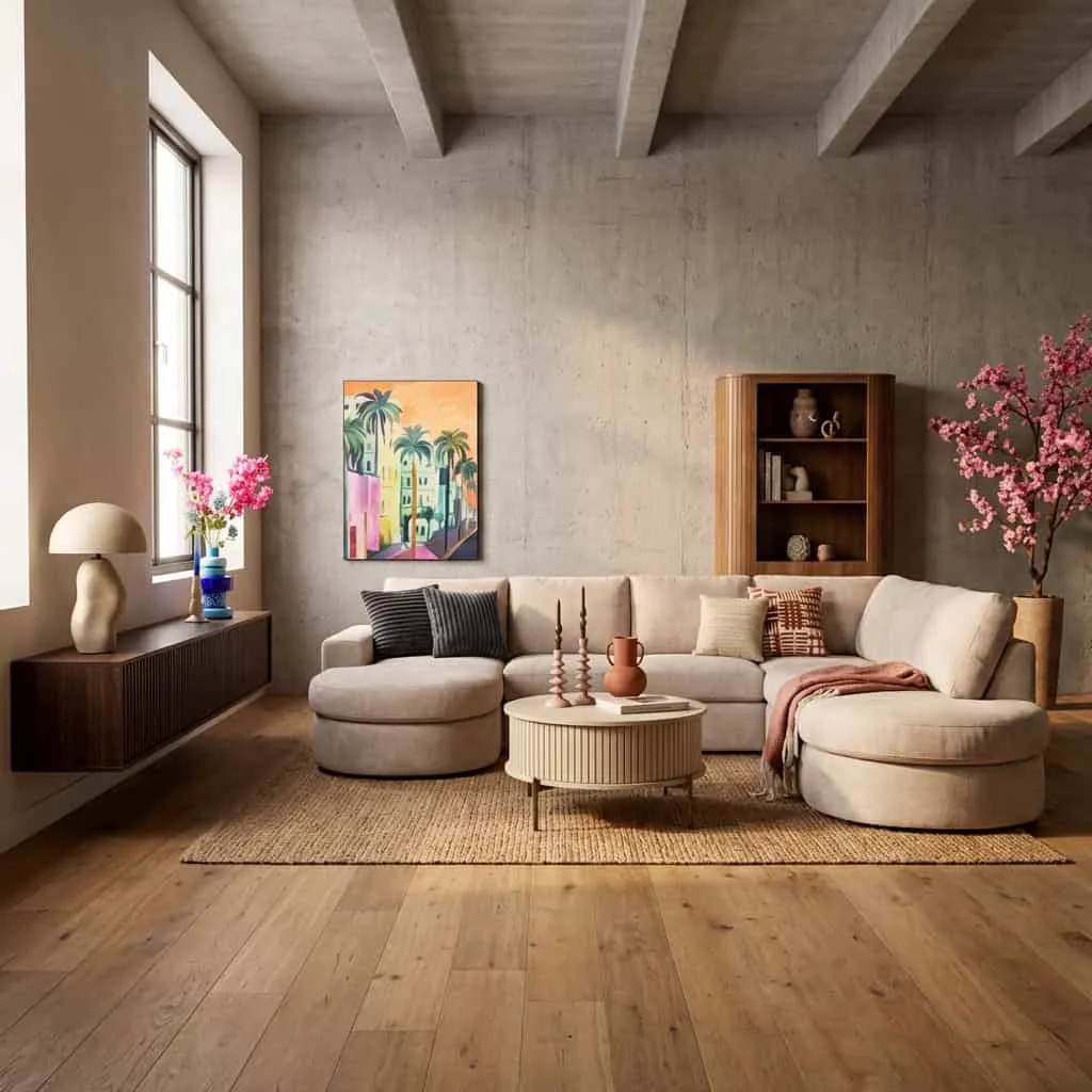 Schwebendes TV-Möbel Madison Brown von 240 cm in einem stimmungsvollen Wohnzimmer mit beigem Sofa und Holzboden - Starfurn