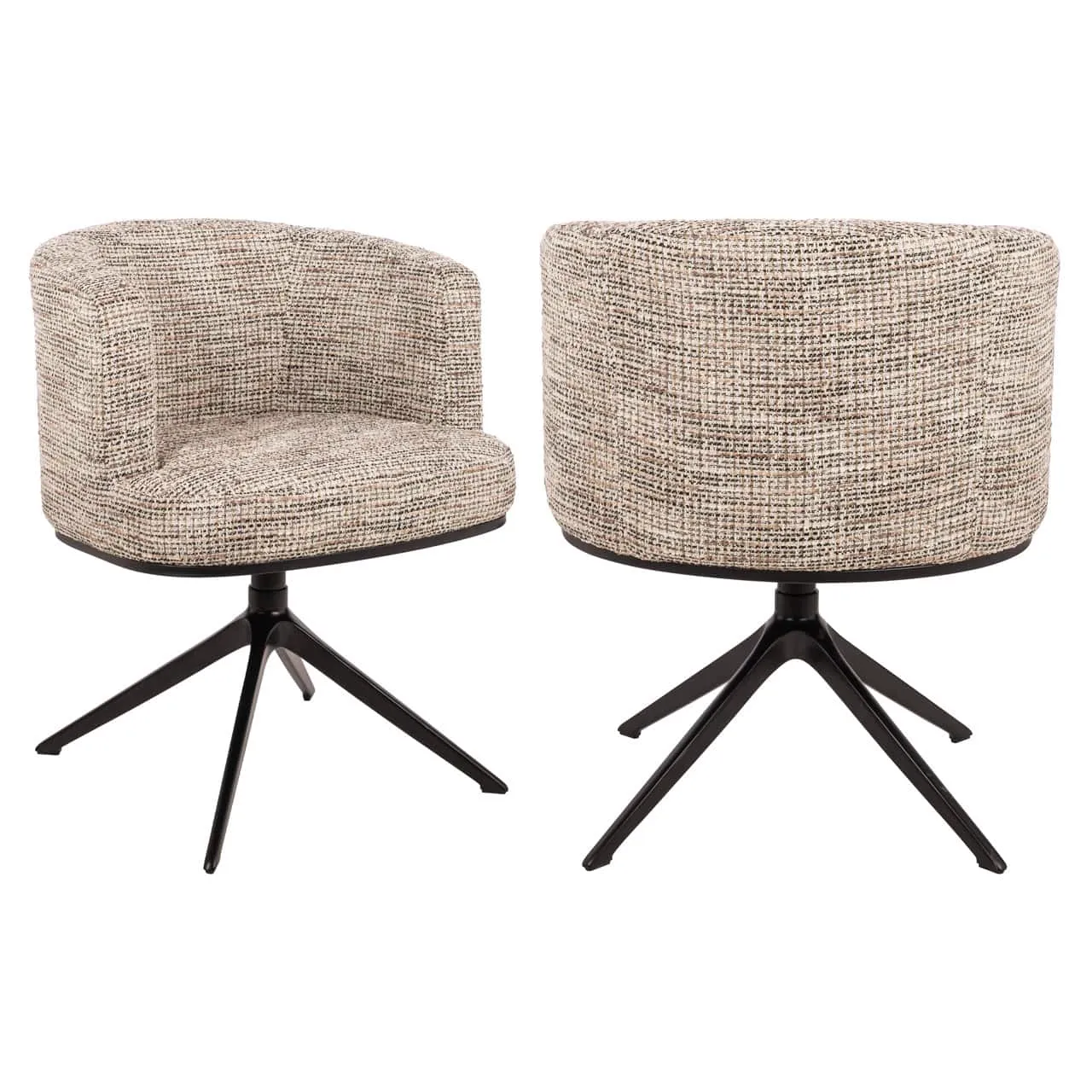 Zwei Esszimmerstühle Cheyenne trendy nature Drehsessel mit gesprenkeltem Stoff und schwarzem Spinnenfuß auf weißem Hintergrund - Richmond Interiors