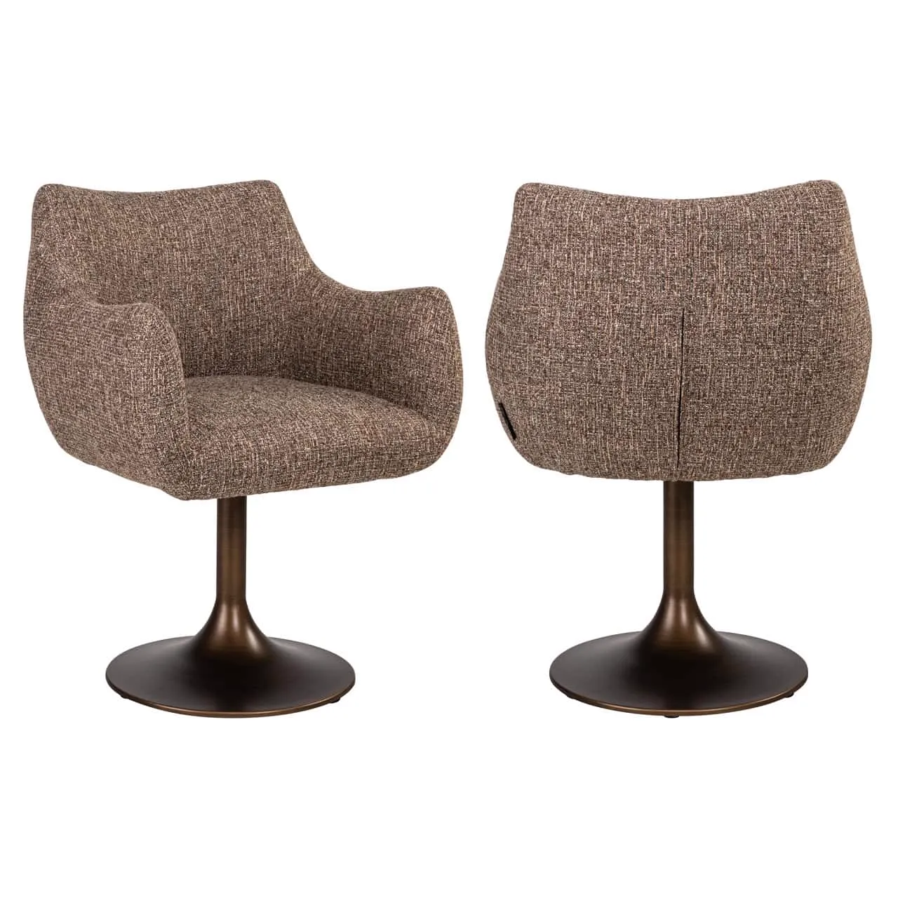 Zwei Esszimmerstühle Aldo brown tweed Drehstuhl auf weißem Hintergrund, einer von vorne und einer von hinten - Richmond Interiors