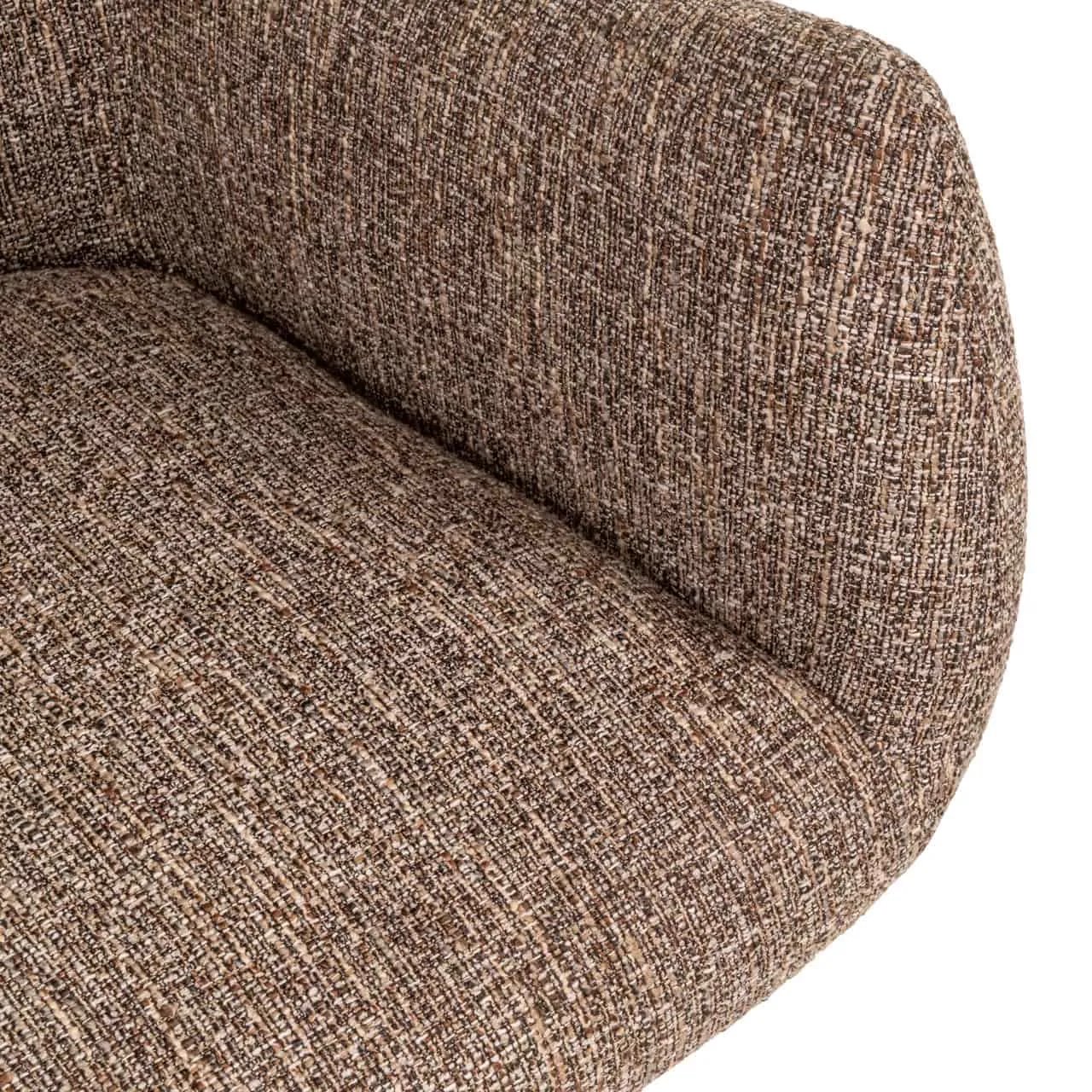 Nahaufnahme des braunen Tweedstoffs vom Esszimmerstuhl Aldo brown tweed Drehstuhl, mit Fokus auf Textur und die Rundung der Rückenlehne - Richmond Interiors