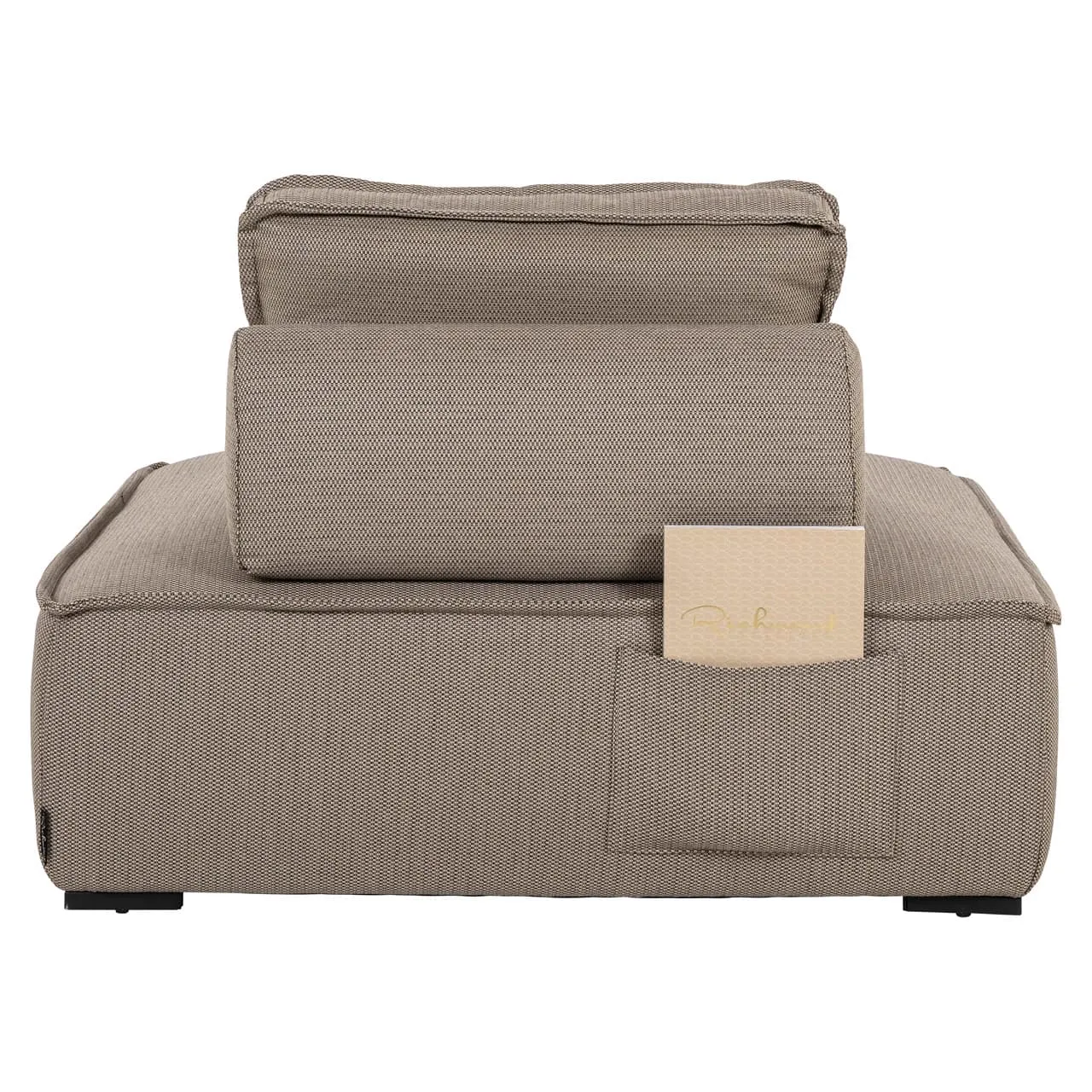 Loungesessel Jondal taupe auf weißem Hintergrund, mit einer Zeitschrift in der Seitentasche - Richmond Interiors