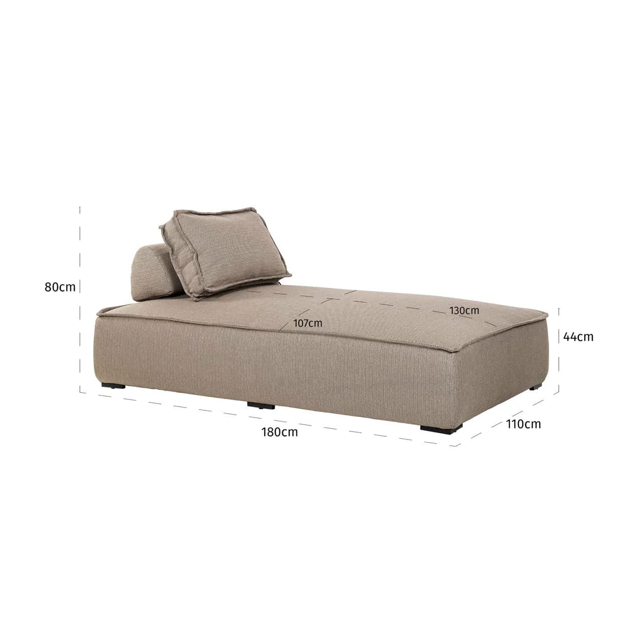Outdoor-Liegebett Jondal Taupe auf weißem Hintergrund, mit den Maßen 180cm lang, 110cm breit und 80cm hoch - Richmond Interiors