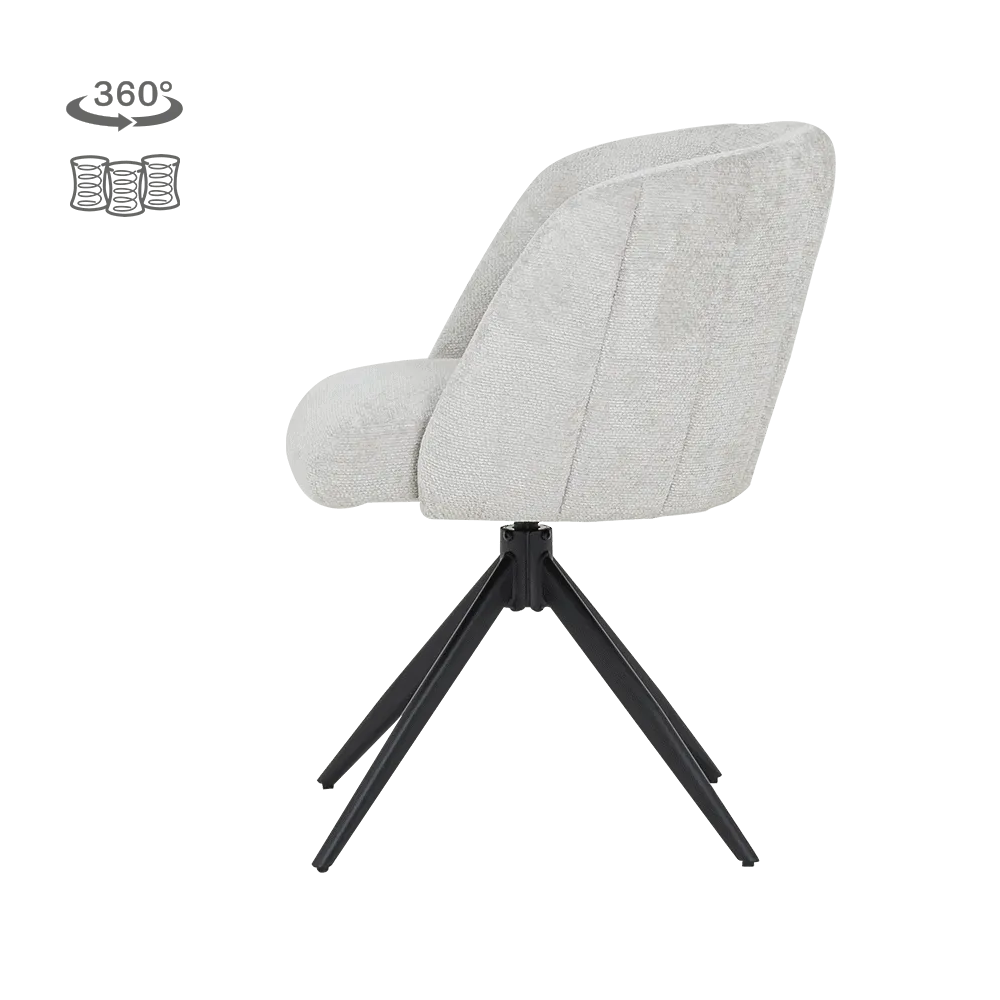 Cuvio Sessel mit hellem Stoffbezug und schwarzem Spinnengestell, von der Seite auf einfarbigem Hintergrund - Tower Living