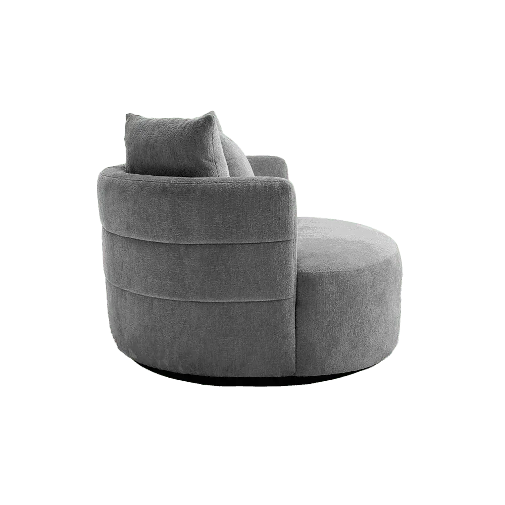 Der Bolza Sessel - Trenza 9 stone (drehbar) von Tower Living, ein runder grauer Sessel mit Kissen auf weißem Hintergrund