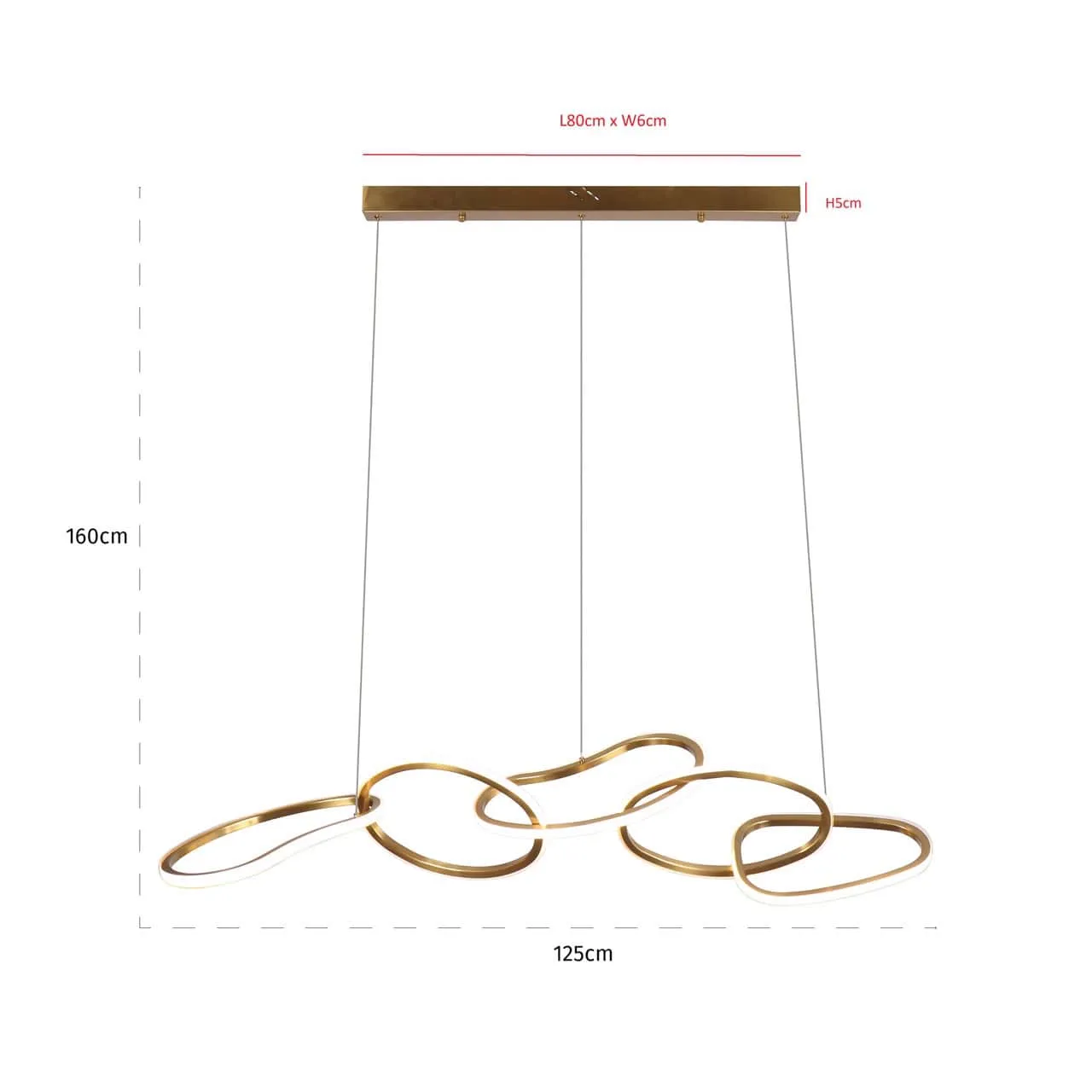 Hängeleuchte Flyn Brushed Gold mit einem abstrakten Design aus ineinandergreifenden Ringen, hängend vor weißem Hintergrund - Richmond Interiors