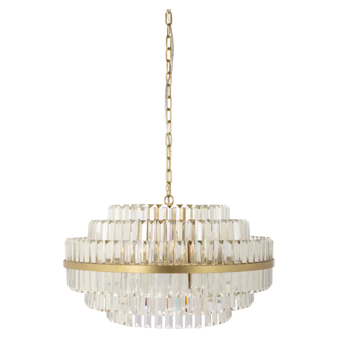 Pendelleuchte Desire brushed gold medium mit drei Schichten Kristallen auf weißem Hintergrund - Richmond Interiors