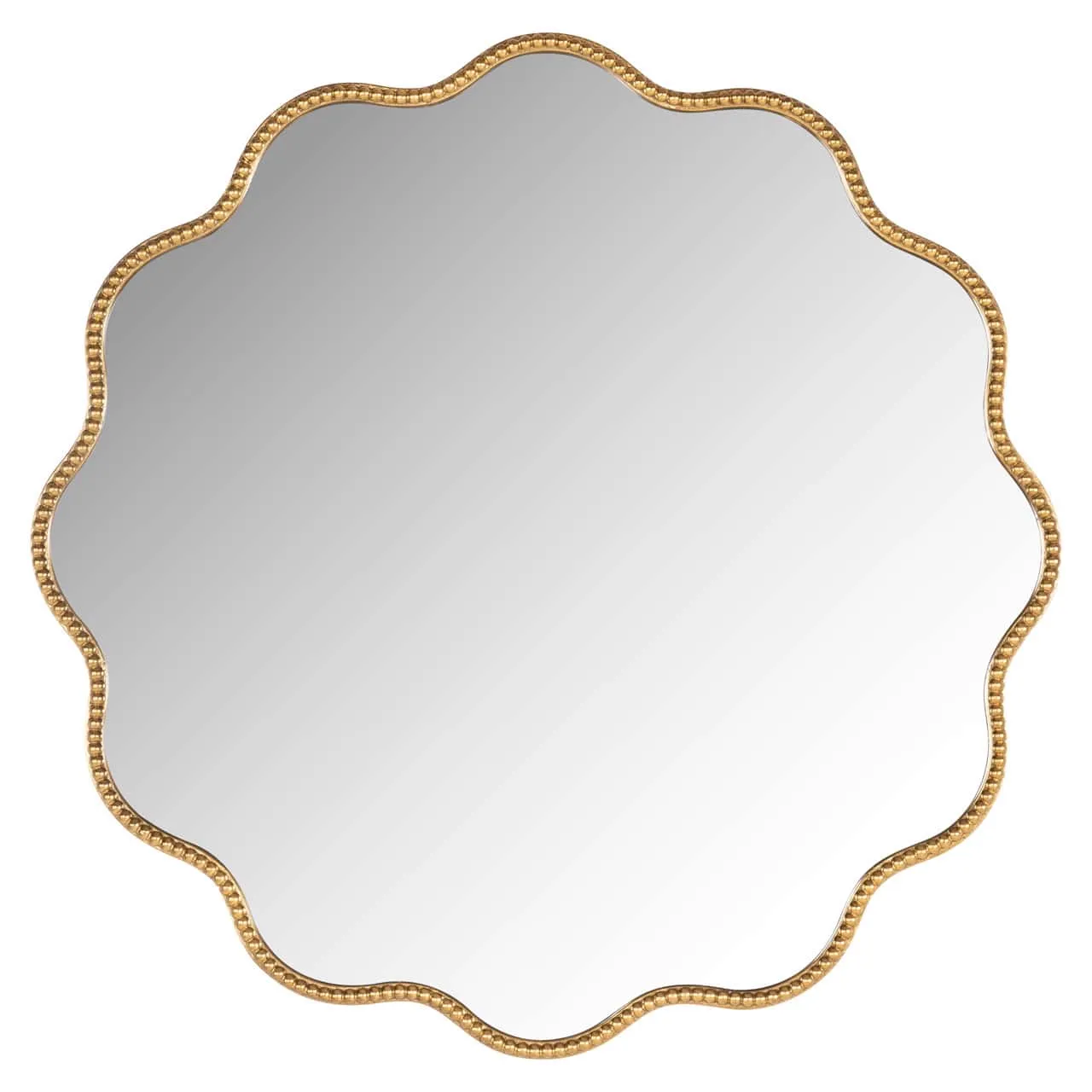 Spiegel Levien gold mit einem gewellten, goldfarbenen Rand mit kleinen Kugeln, auf weißem Hintergrund fotografiert - Richmond Interiors