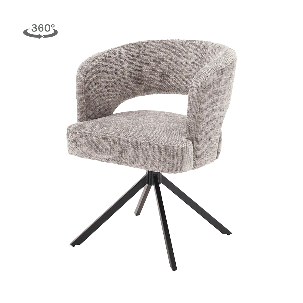 Mura Armsessel in Haga 09 Silver Stoff, drehbar, mit schwarzem Spinnenfuß in einer Studio-Aufnahme - Tower Living