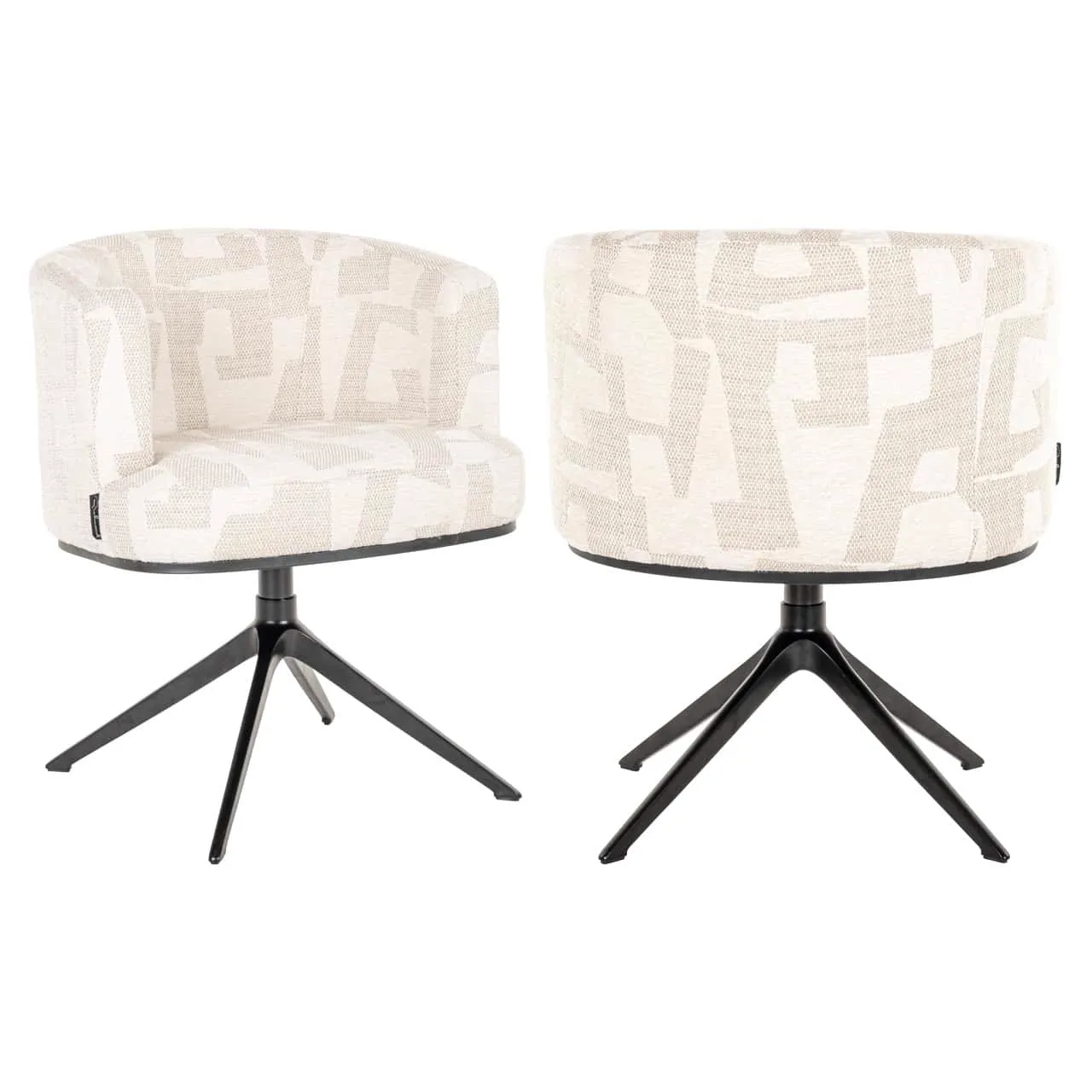 Zwei Esszimmerstühle Cheyenne beige graffic swivel auf weißem Hintergrund, aus verschiedenen Blickwinkeln fotografiert - Richmond Interiors