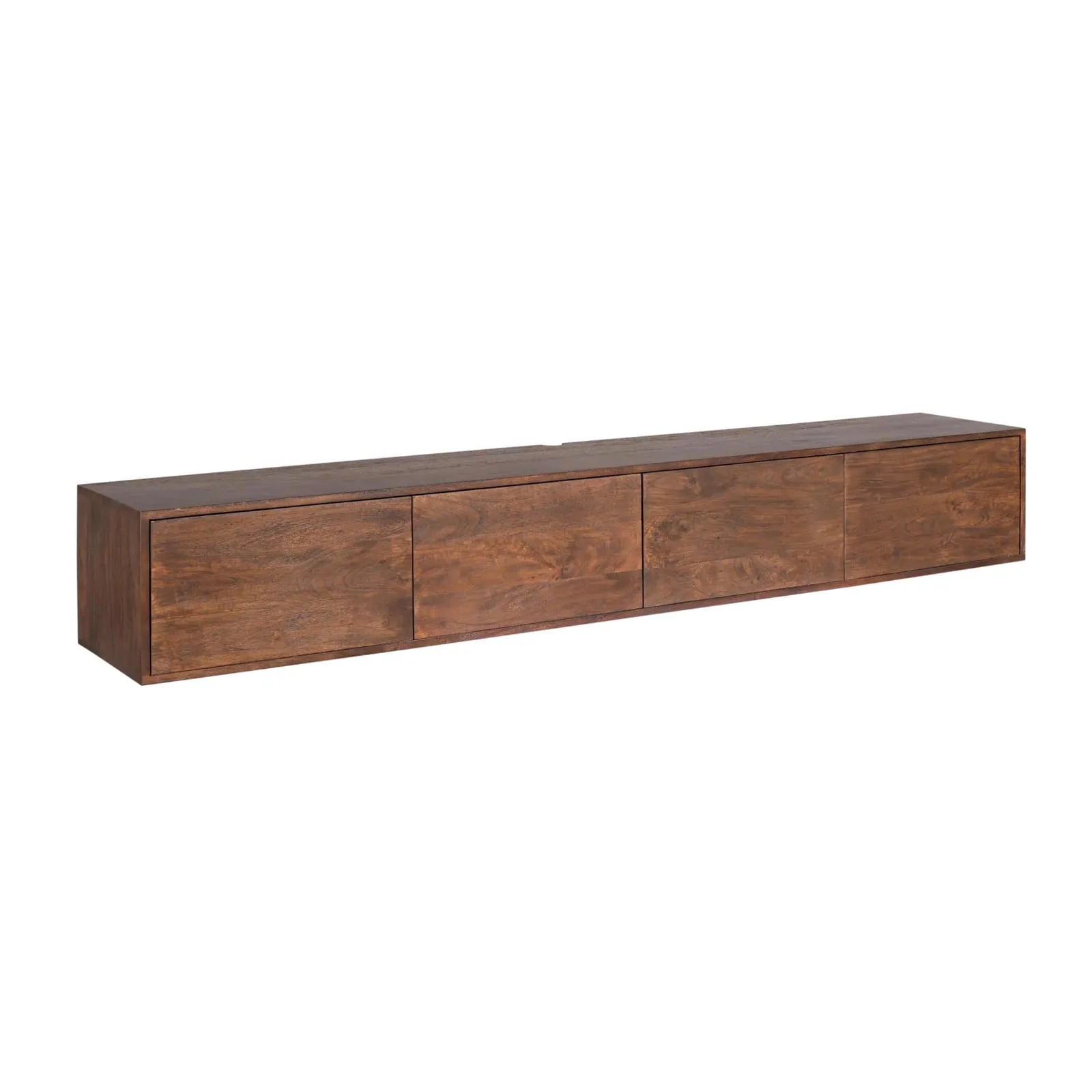 Hängendes TV Möbel Vision Braun Mangoholz 240 cm auf weißem Hintergrund, aus schräger Perspektive - Starfurn