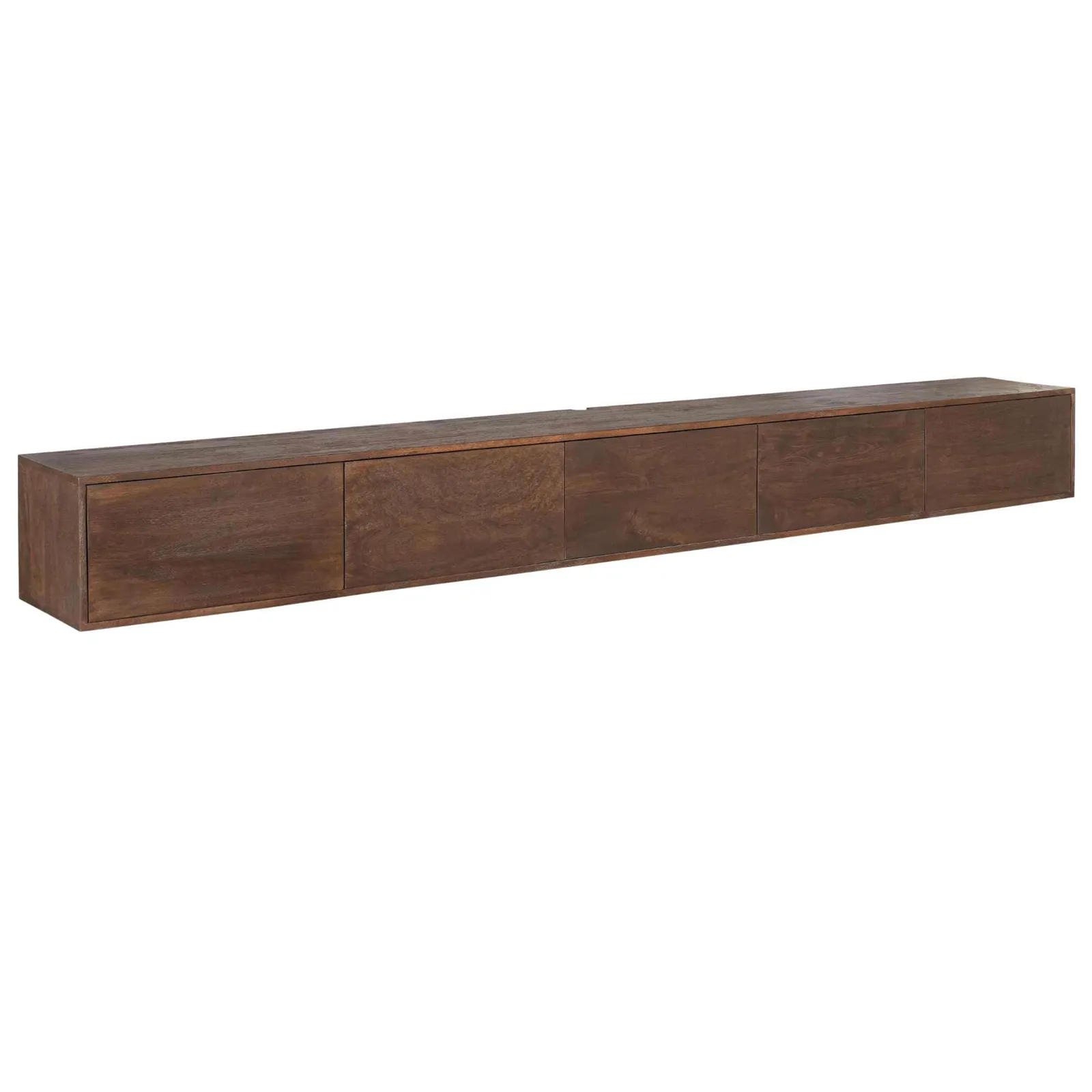 Hängendes TV-Möbel Vision Braun Mangoholz 280 cm auf weißem Hintergrund, aus leicht erhöhter Perspektive - Starfurn