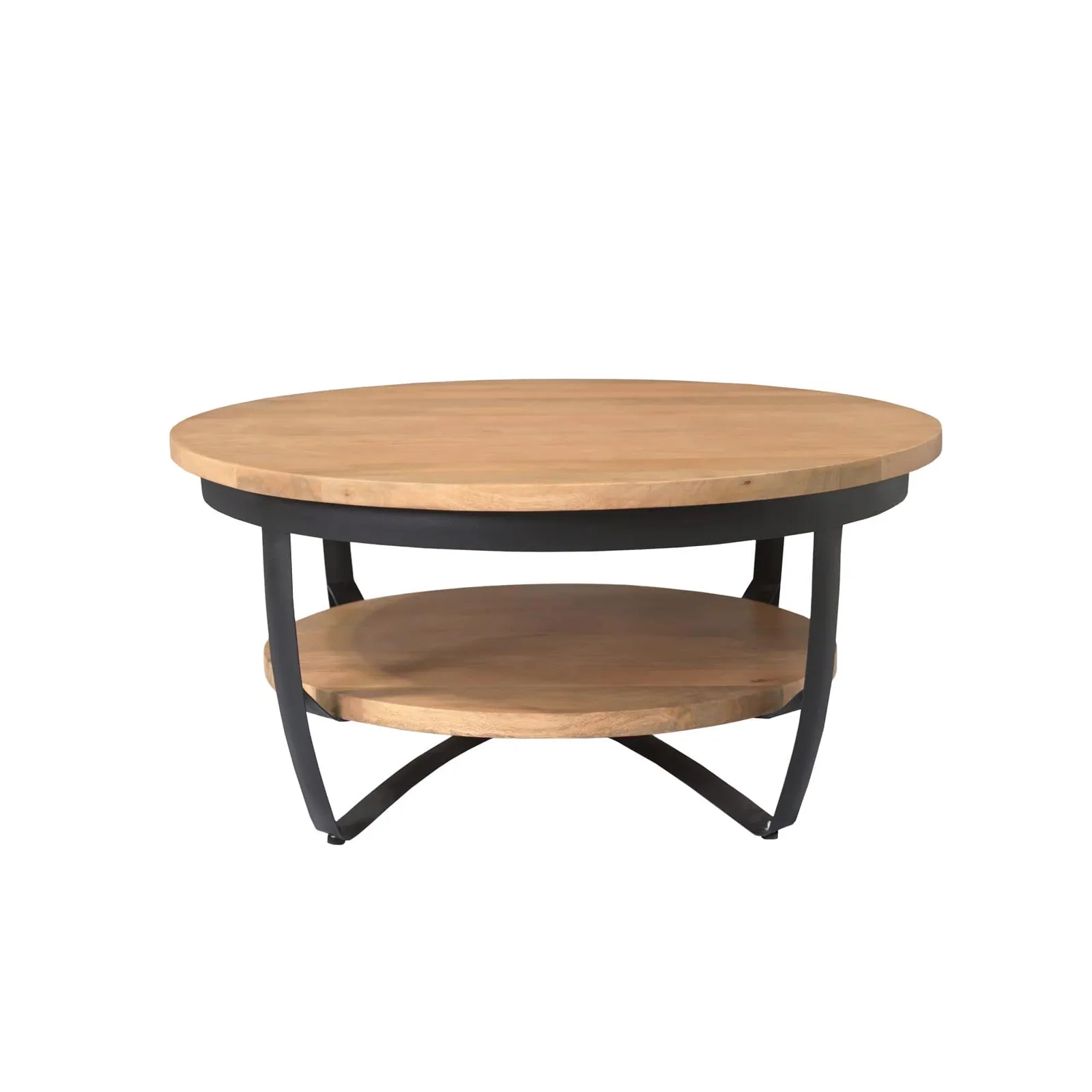 Couchtisch Paras Naturel Mangoholz 70 cm auf weißem Hintergrund, aus einem niedrigen Blickwinkel fotografiert - Starfurn