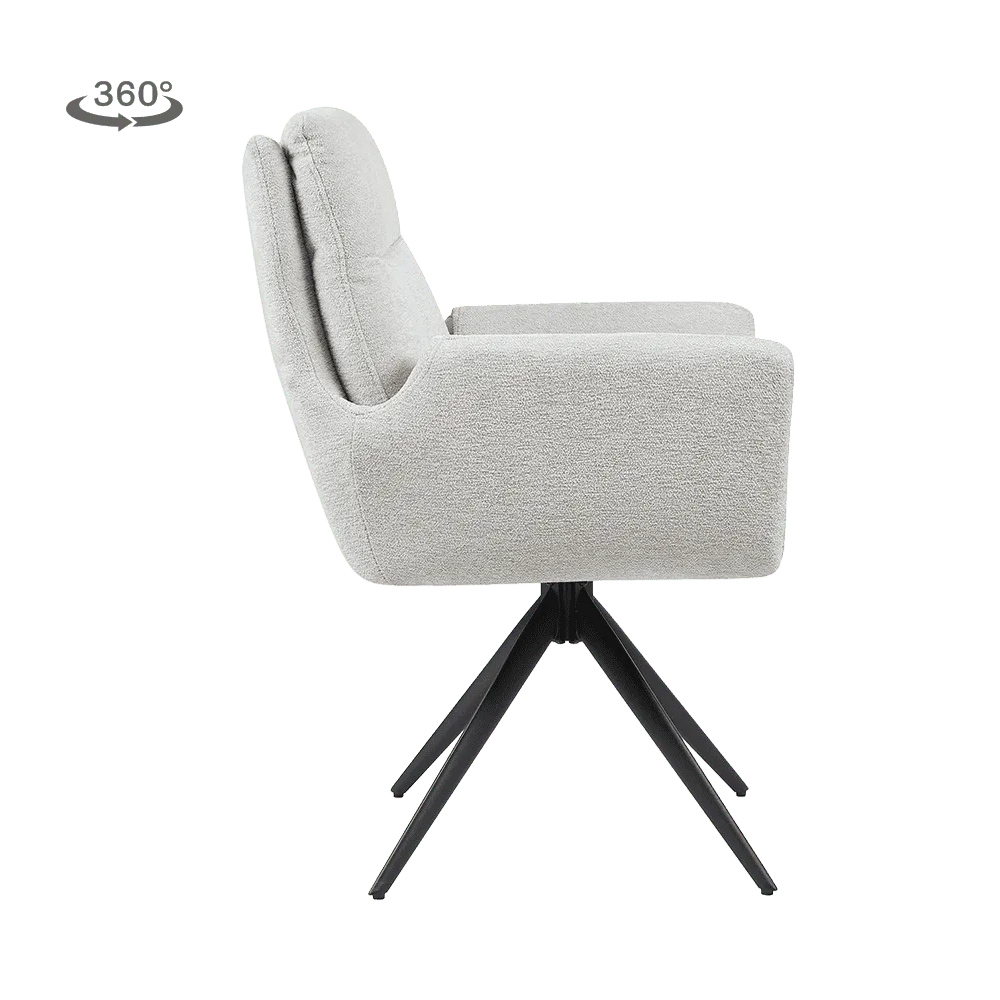 Varzo Armsessel in Toro 25 Cream Stoff, drehbar, mit schwarzem Spinnenfuß, aus seitlicher Perspektive - Tower Living