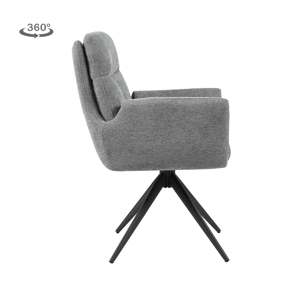 Der Varzo Sessel - Toro 5 grey (drehbar) von Tower Living, ein grauer Stoffstuhl im Seitenprofil auf weißem Hintergrund