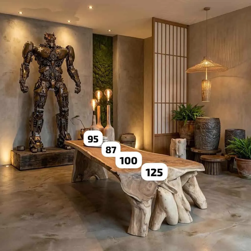 Baumstammtisch Massives Suarholz 320cm mit einzigartigem Bein in einem stimmungsvollen, industriellen Wohnzimmer mit Roboterstatue - World of Brosi