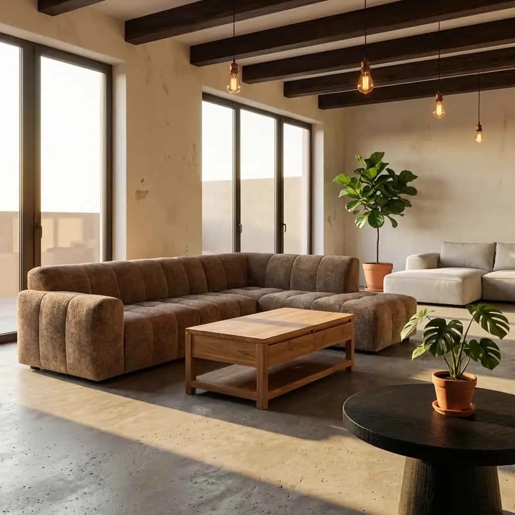 Das Austin 2 5-AL + Ottoman R - Haga 39 cappuccino Sofa steht in einem modernen Wohnzimmer mit großen Fenstern und Holzbalken - Tower Living