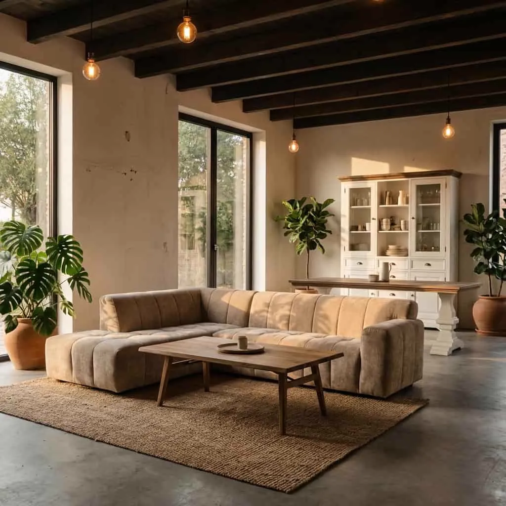 De Austin 2 5-AR + Ottoman L - Haga 30 beige bank in een ruime woonkamer met grote ramen en planten - Tower Living