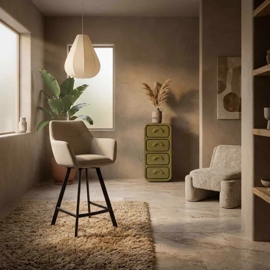 Barhocker Bliss mit Armlehne in Beige, auf einem flauschigen Teppich in einem stimmungsvollen Wohnzimmer - By-Boo