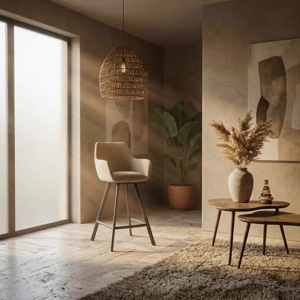 Barhocker Bliss mit Armlehne in Taupe in einem stimmungsvollen Wohnzimmer mit Pflanze und Kunst - By-Boo