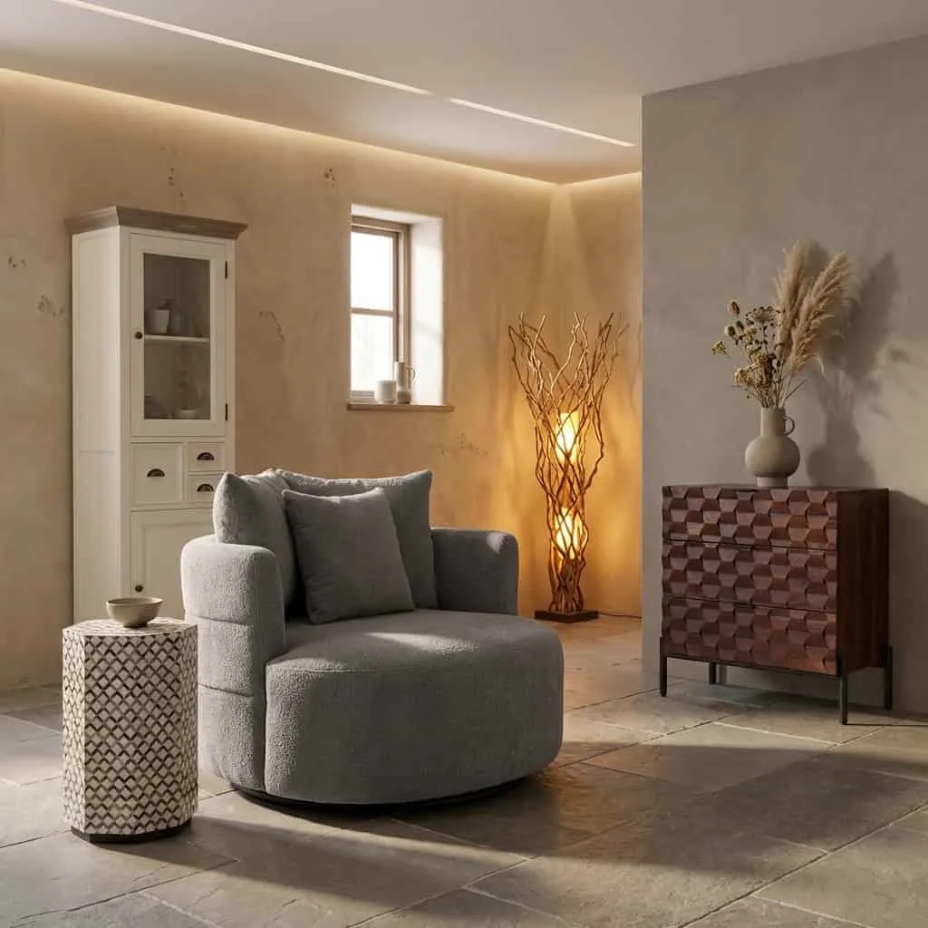 Der Bolza Sessel - Trenza 9 stone, ein drehbarer Sessel, steht in einem stimmungsvollen Wohnzimmer mit Holzschrank und Kommode - Tower Living