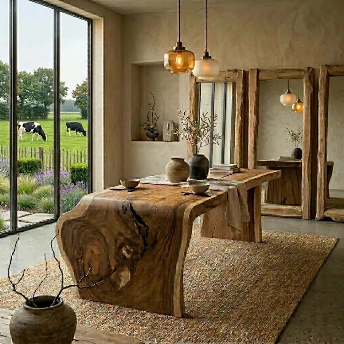 Baumstammtisch Waterval Suar 310cm in einem ländlichen Esszimmer mit Blick auf eine Kuhweide - World of Brosi