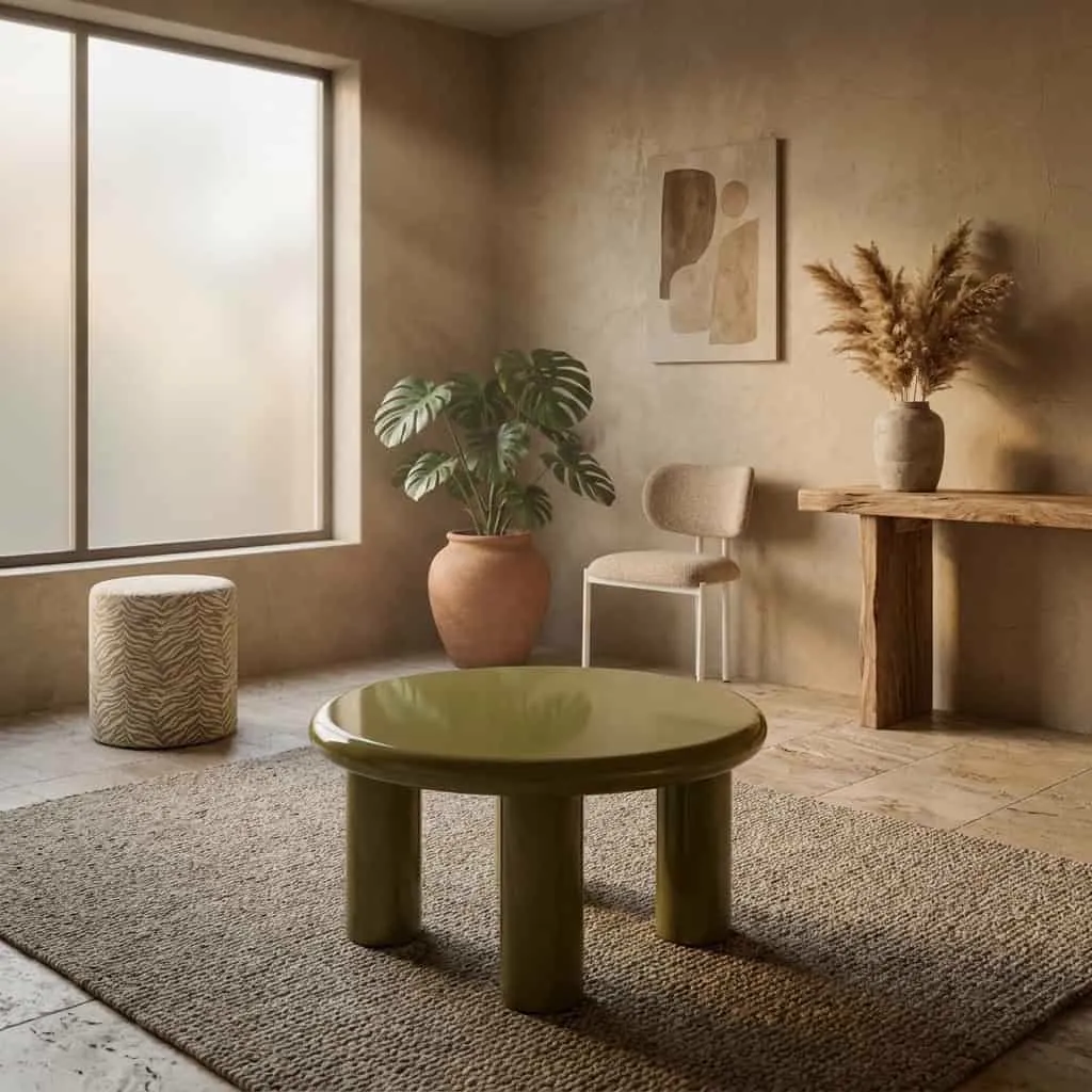 Salontafel Bloop Medium Groen in een sfeervolle woonkamer met plant en poef - By-Boo