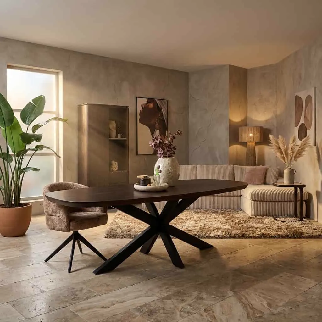 Dänischer ovaler Esstisch Madison in einem stimmungsvollen Wohnzimmer mit Sofa und Pflanze - Starfurn