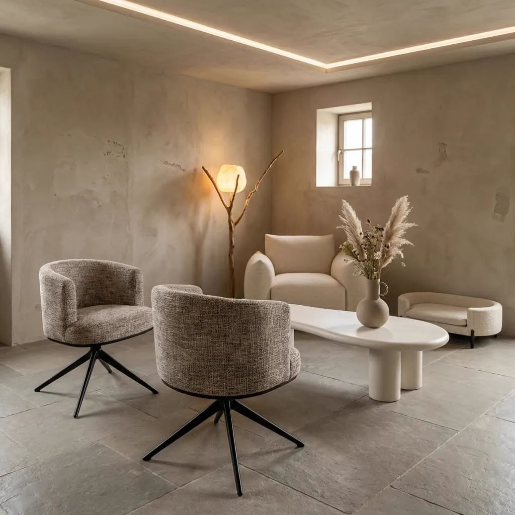 Zwei Esszimmerstühle Cheyenne trendy nature Drehsessel in einem hellen Wohnzimmer mit Couchtisch und Stehlampe - Richmond Interiors