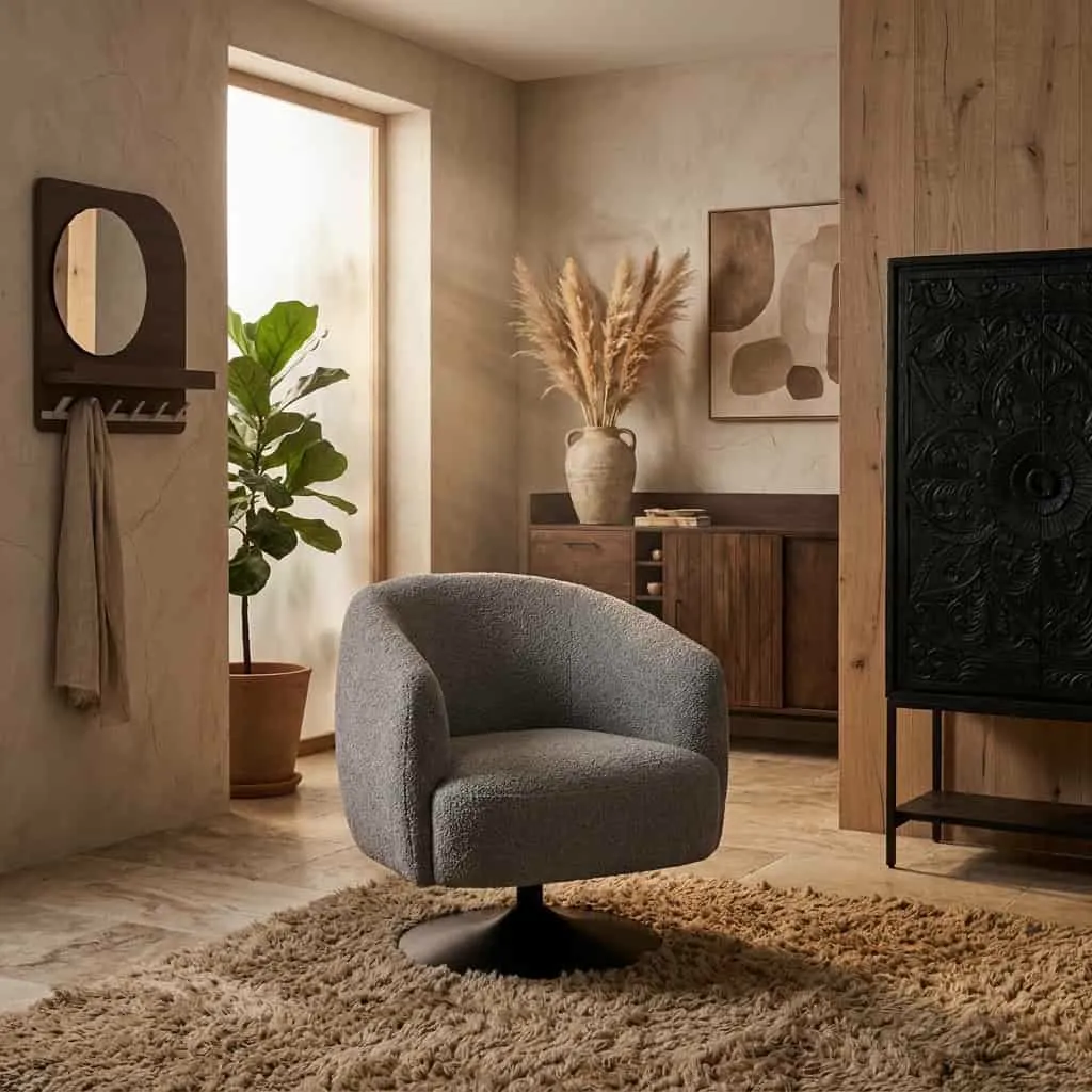 Der Louis Drehsessel 360 - Cremona - Taupe 04 in einem stimmungsvollen Wohnzimmer mit großem Teppich und Pflanzen - MySons