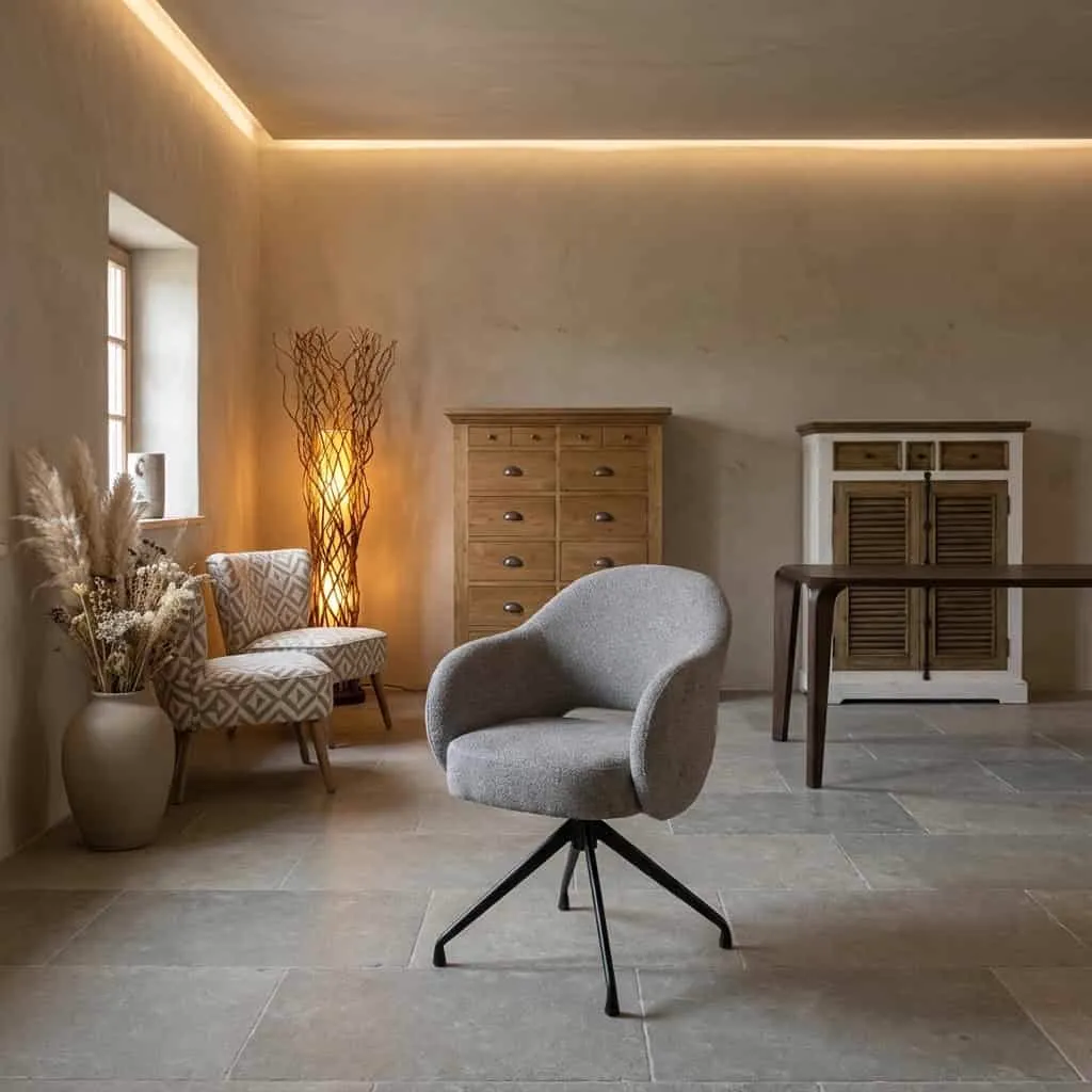 Der Porto Sessel - Toro 35 beige (drehbar) steht in einem ländlichen Wohnzimmer mit Stehlampe und Kommoden - Tower Living