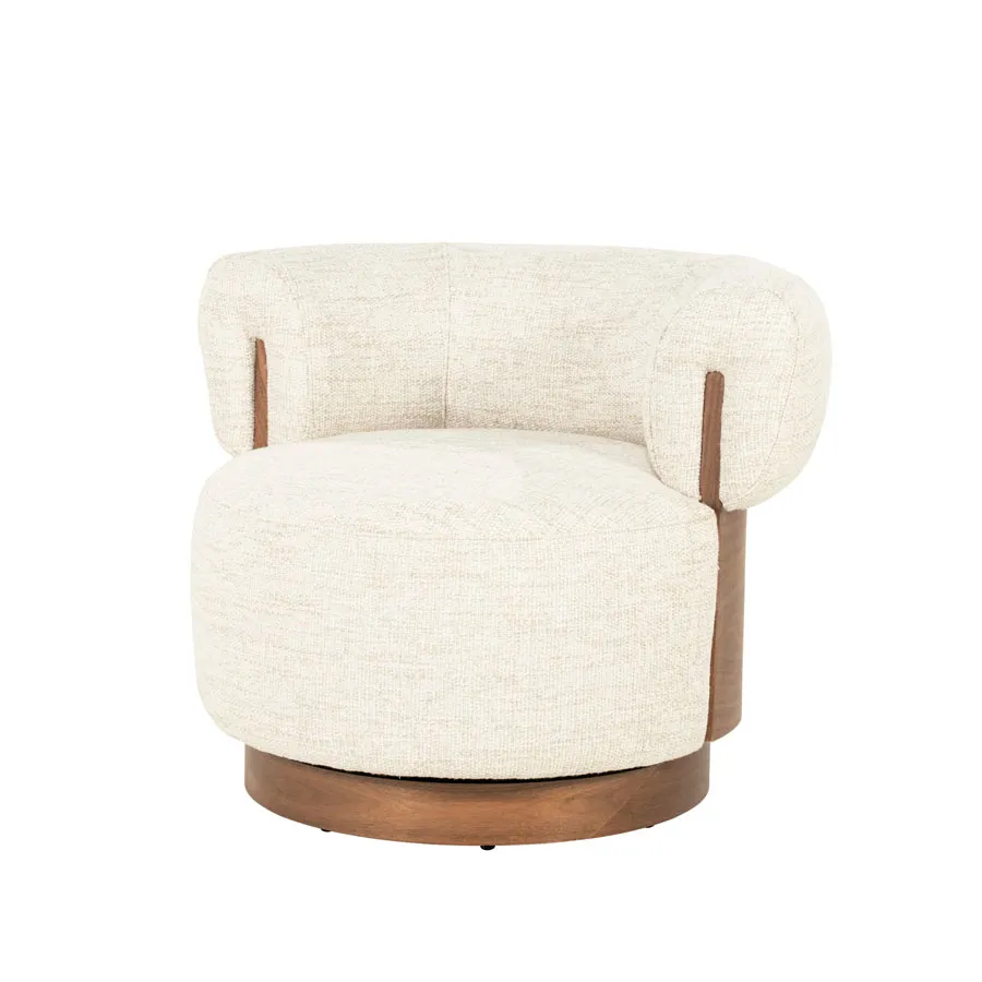 Sessel Nila braun - beige Vanu auf weißem Hintergrund, mit runder Holzbasis und beigem Bezug - Eleonora
