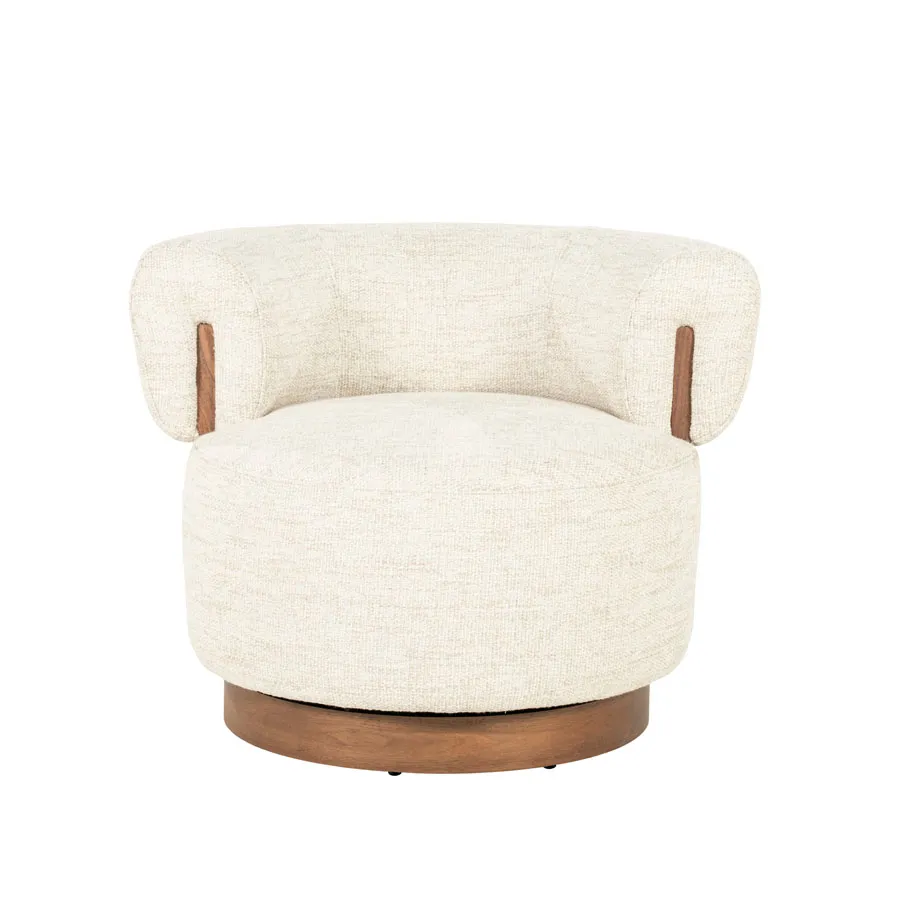 Sessel Nila braun - beige Vanu auf weißem Hintergrund, mit Holzdetails und einem Drehfuß - Eleonora
