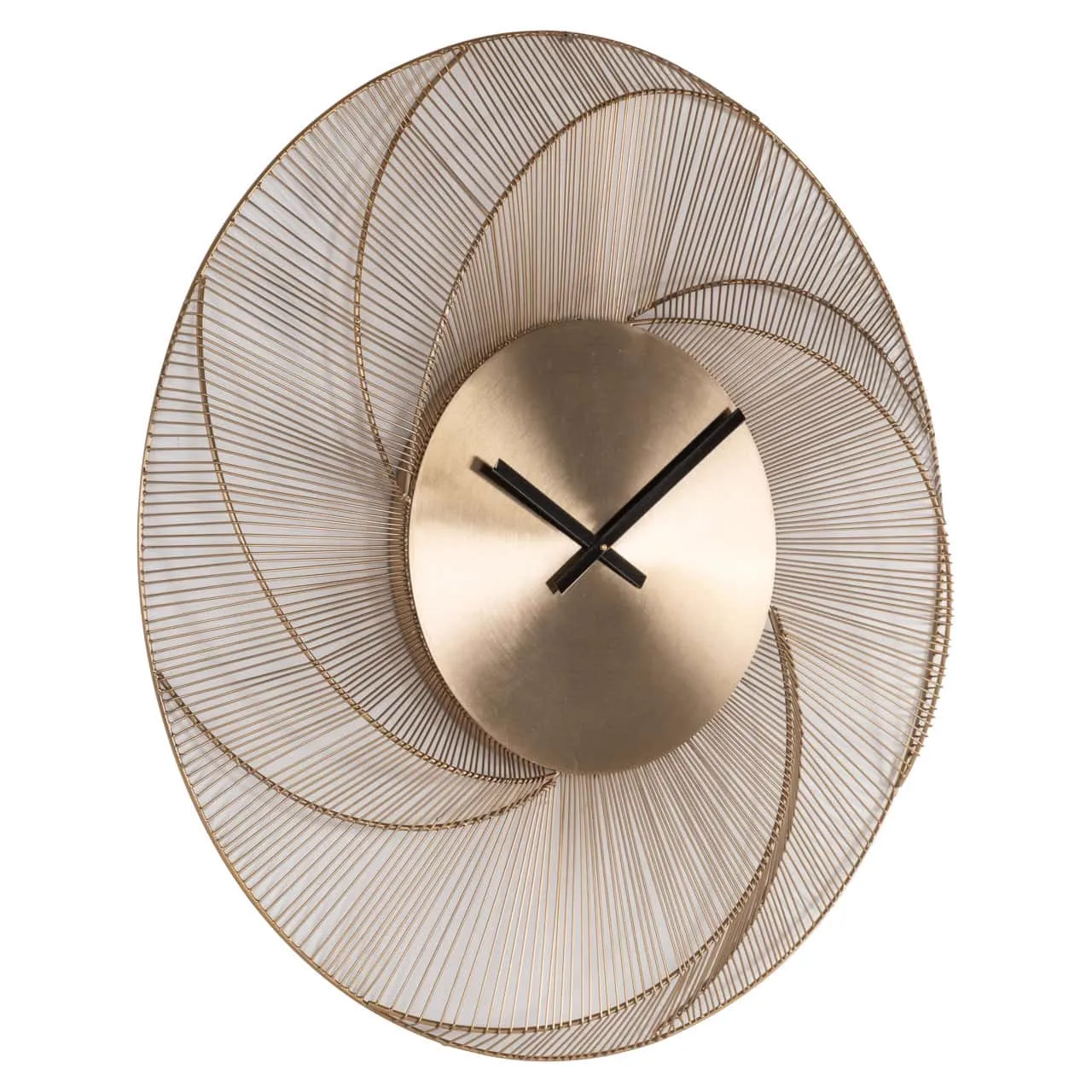 Uhr Denver Gold mit einem goldenen Zifferblatt und einem kunstvollen spiralförmigen Rahmen aus goldfarbenem Metall, vor weißem Hintergrund - Richmond Interiors