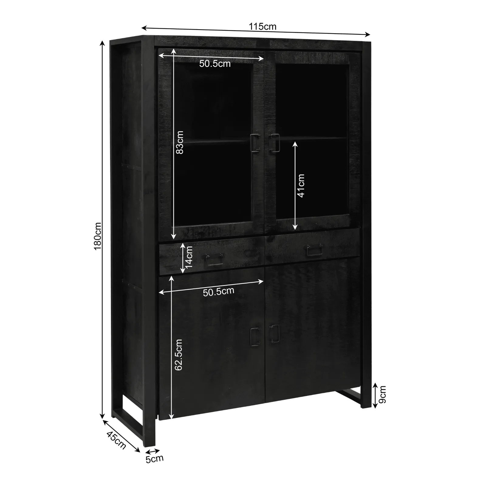 Display cabinet Boaz Black Mango Wood 115 cm - Starfurn